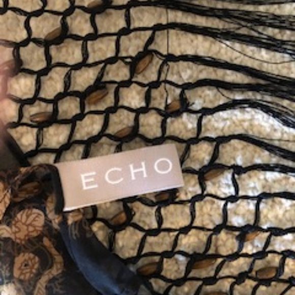 Echo Fringed 100% Silk Wrap/Scarf Brown+Tan Sz OS - Picture 4 of 5